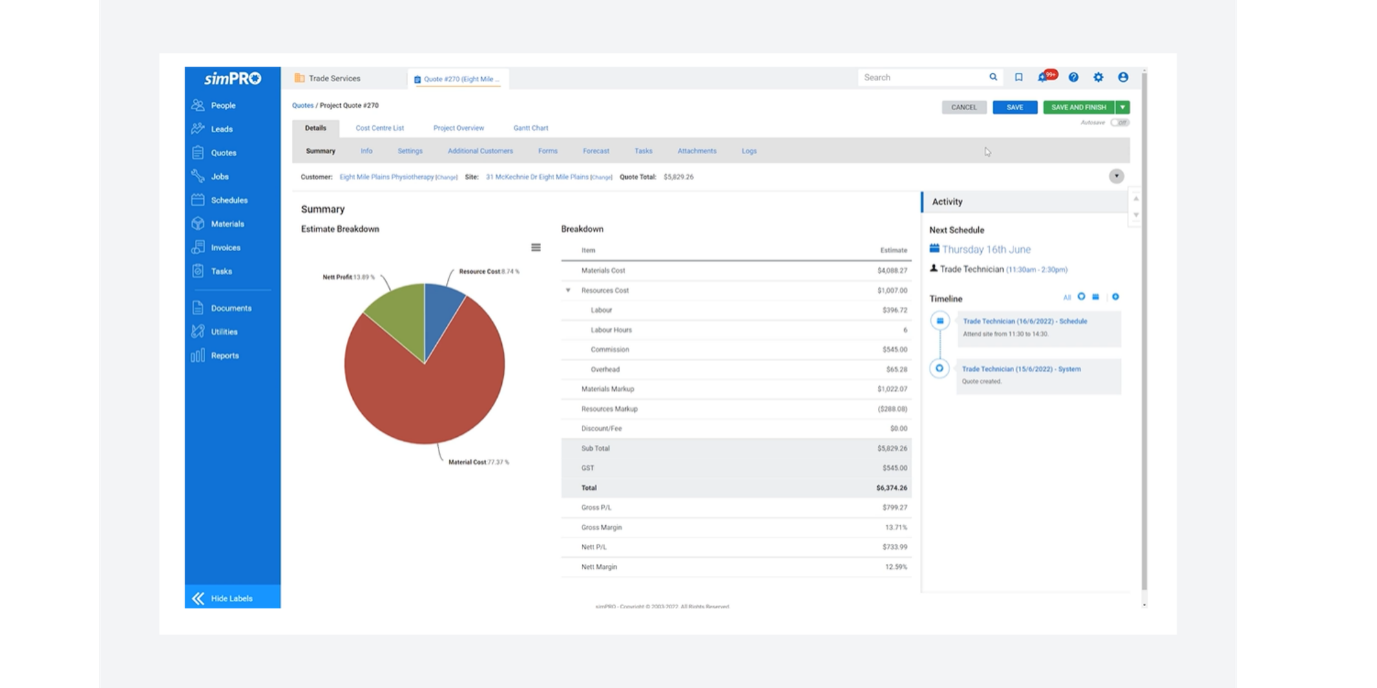 Simpro UI electrical contractor software screenshot